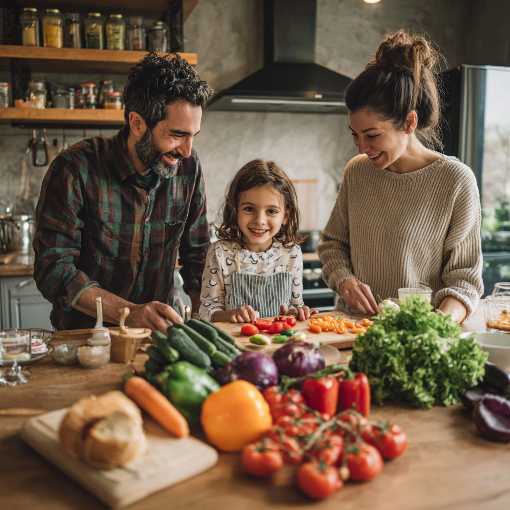 Romanian nutritionist consulting with middle-aged Romanian couple, all three smiling while reviewing healthy meal plans and fresh ingredients on a wooden table